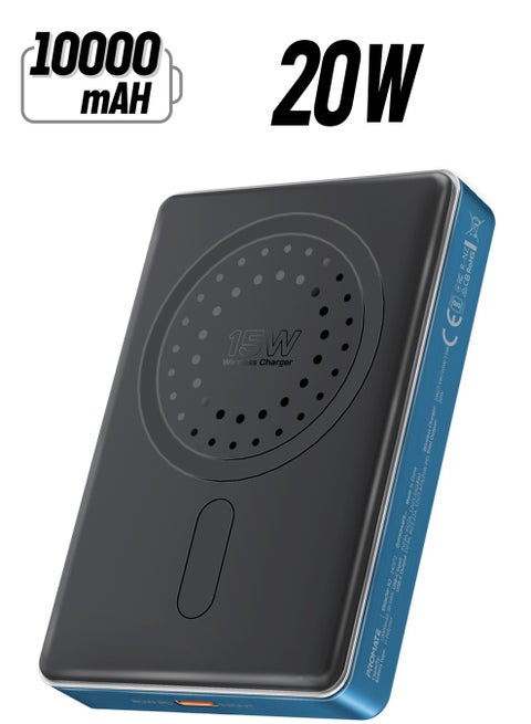 10000 mAh Ultra-Compact Wireless Power Bank With Ultra-Fast 15W MagSafe Compatible Charging, Super-Fast 20W USB-C Input/Output Port, and Advanced Multi-Protection Blue