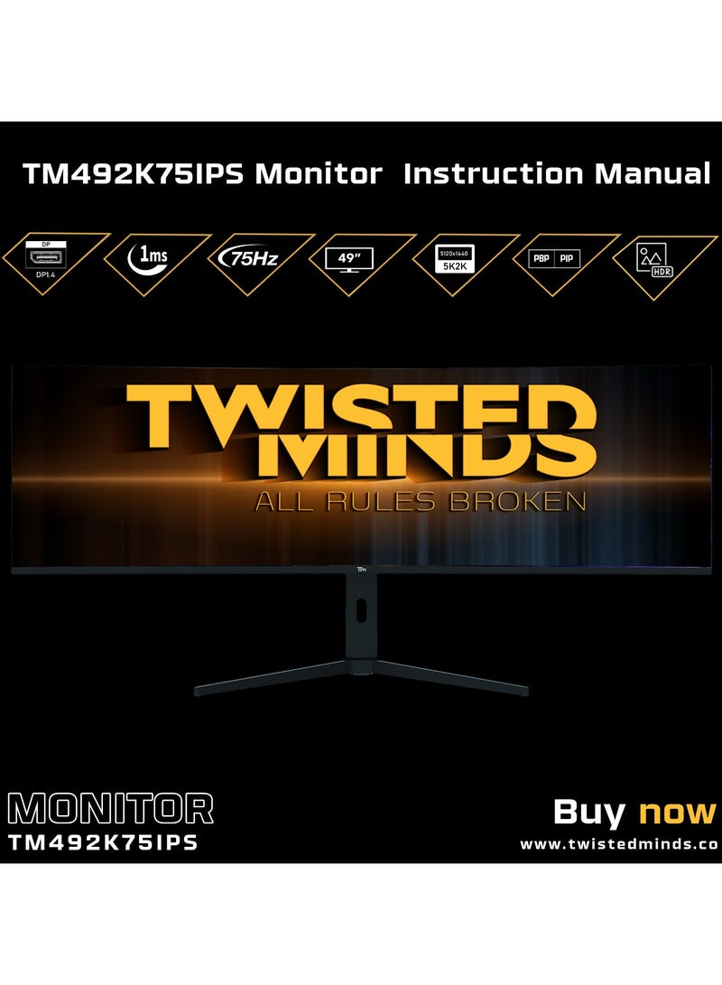 TWISTED MINDS - 49-Inch Ultra-Wide IPS Monitor, 5120x1440 Resolution, R3800 Curvature, 75Hz Refresh Rate, 1ms MPRT, HDR, FreeSync & G-Sync, HDMI/DP/USB-C, Built-In Speakers, 350cd/m² Brightness BLACK - Image 1