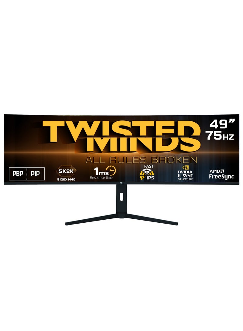 TWISTED MINDS - 49-Inch Ultra-Wide IPS Monitor, 5120x1440 Resolution, R3800 Curvature, 75Hz Refresh Rate, 1ms MPRT, HDR, FreeSync & G-Sync, HDMI/DP/USB-C, Built-In Speakers, 350cd/m² Brightness BLACK - Image 1
