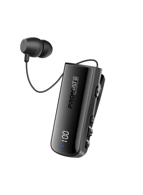 Bluetooth Mono Wireless Earpiece with 22hr Playtime, Crystal Clear Calls, LED Display, Multi-Device Connectivity, Bluetooth v5.3 Tech, retractable cable, IPX7 Water-Resistance, and Built-In Controls for Home, Office, MonoFlix-BT Black