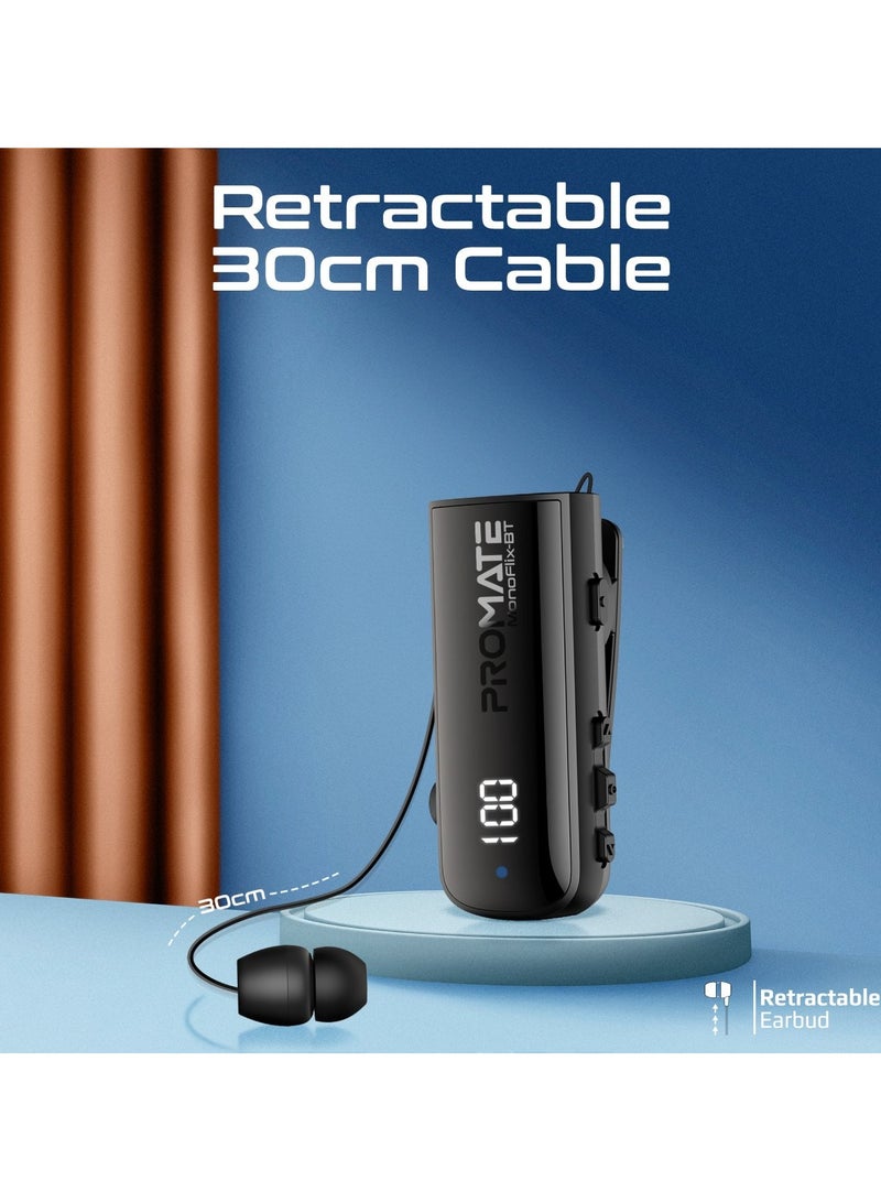 Bluetooth Mono Wireless Earpiece with 22hr Playtime, Crystal Clear Calls, LED Display, Multi-Device Connectivity, Bluetooth v5.3 Tech, retractable cable, IPX7 Water-Resistance, and Built-In Controls for Home, Office, MonoFlix-BT Black