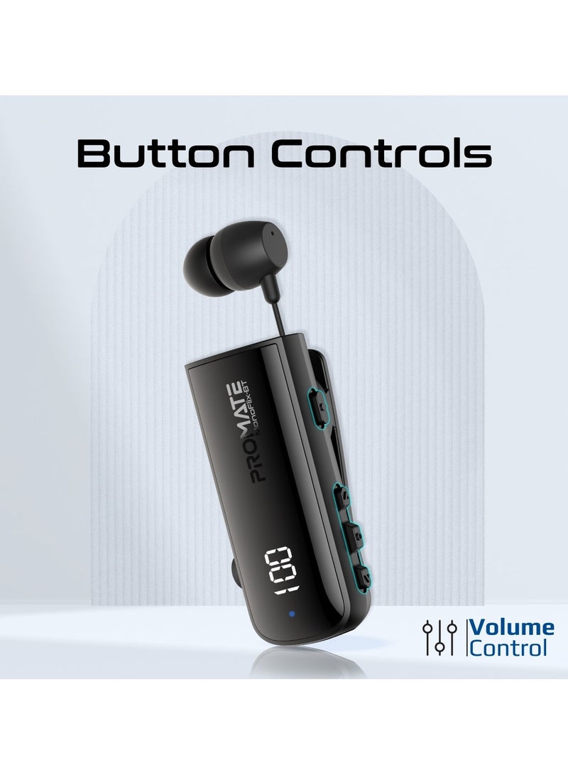 Bluetooth Mono Wireless Earpiece with 22hr Playtime, Crystal Clear Calls, LED Display, Multi-Device Connectivity, Bluetooth v5.3 Tech, retractable cable, IPX7 Water-Resistance, and Built-In Controls for Home, Office, MonoFlix-BT Black