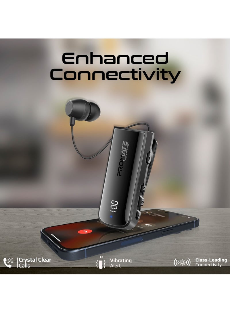 Bluetooth Mono Wireless Earpiece with 22hr Playtime, Crystal Clear Calls, LED Display, Multi-Device Connectivity, Bluetooth v5.3 Tech, retractable cable, IPX7 Water-Resistance, and Built-In Controls for Home, Office, MonoFlix-BT Black