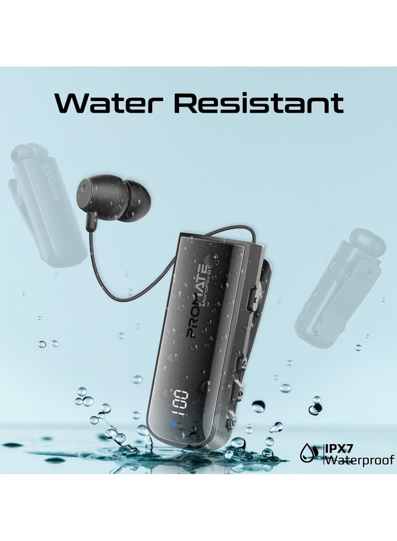 Bluetooth Mono Wireless Earpiece with 22hr Playtime, Crystal Clear Calls, LED Display, Multi-Device Connectivity, Bluetooth v5.3 Tech, retractable cable, IPX7 Water-Resistance, and Built-In Controls for Home, Office, MonoFlix-BT Black