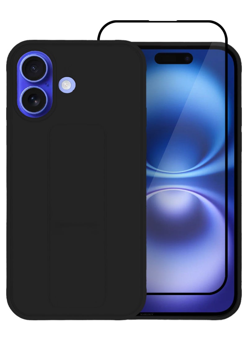 (for Apple iPhone 16 Plus) 2Packs, Case Cover PU Leather Back Cover with Stand Function and Finger Grip, Shockproof Screen Protector Black-2