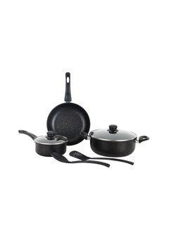 Royalford Royalford Elite 7-Piece Forged Aluminum Cookware Set- RF12622/ Durable Nonstick Granite Coating with 5-Layer Construction, CD Bottom and Glass Lid/ Includes Casserole, Saucepan, Fry Pan, Nylon Kitchen Tools, PFOA-Free Black  - Image 1