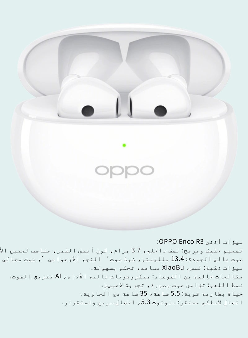 OPPO - Enco R3 True Wireless Earbuds - Semi-In-Ear Design, AI Noise Cancellation, 35-Hour Battery Life, Bluetooth 5.3 White - Image 1