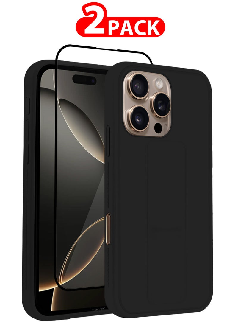 MARGOUN (for Apple iPhone 16 Pro) 2Packs, Case Cover PU Leather Back Cover with Stand Function and Finger Grip, Shockproof Screen Protector Black-2 - Image 1