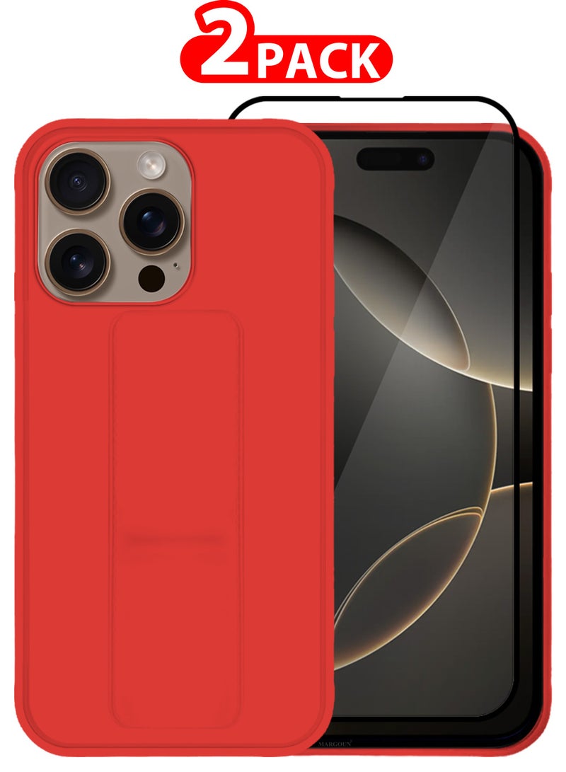 MARGOUN (for Apple iPhone 16 Pro) 2Packs, Case Cover PU Leather Back Cover with Stand Function and Finger Grip, Shockproof Screen Protector Red-2 - Image 1