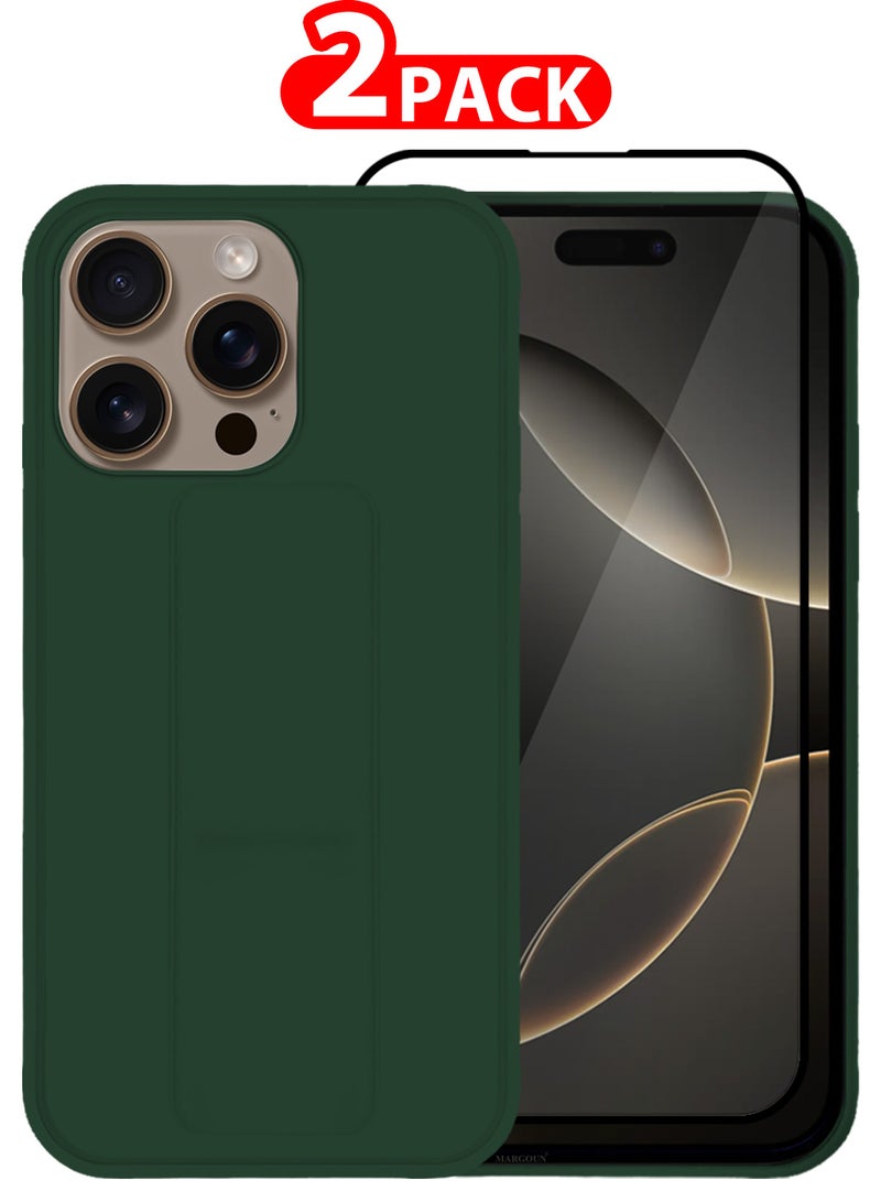 MARGOUN (for Apple iPhone 16 Pro) 2Pack, Case Cover PU Leather Back Cover with Stand Function and Finger Grip, Shockproof Screen Protector Green-2  - Image 1