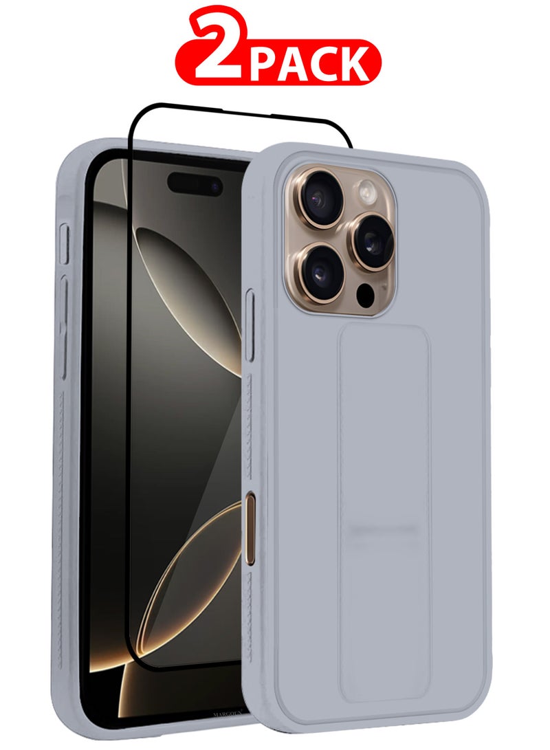 MARGOUN (for Apple iPhone 16 Pro) 2Packs, Case Cover PU Leather Back Cover with Stand Function and Finger Grip, Shockproof Screen Protector Grey-2 - Image 1