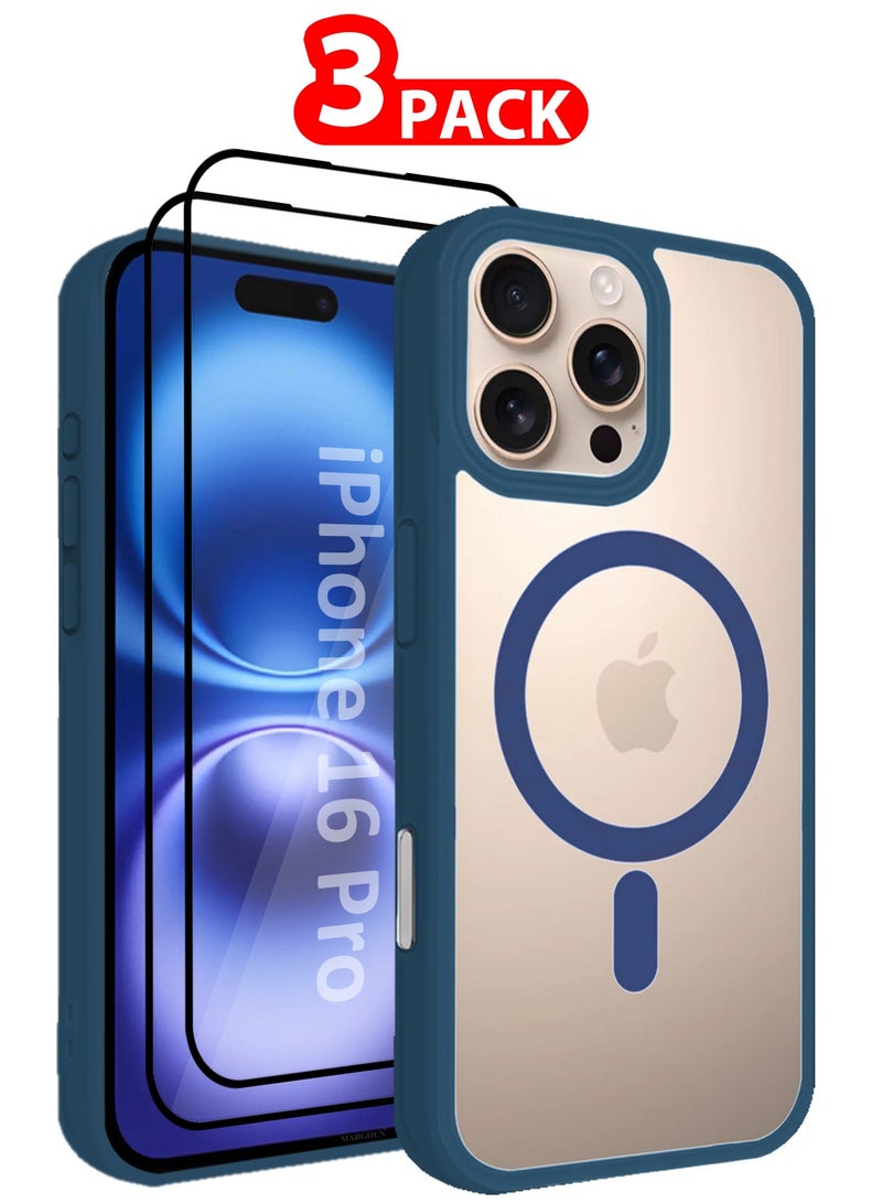 مارجون (for iPhone 16 Pro)  3Packs Magsafe Case Cover Sidecolor Magnetic Strong Shockproof Protective Slim Thin Translucent Cover with 2 Screen Protectors - Navy Blue-3 - Image 1