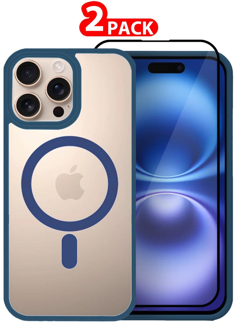 MARGOUN (for iPhone 16 Pro Max)  2Packs Magsafe Case Cover Sidecolor Magnetic Strong Shockproof Protective Slim Thin Translucent Cover with Screen Protector - Navy Blue-2 - Image 1