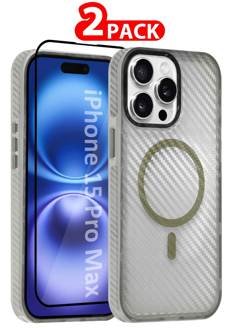 MARGOUN (for iPhone 15 Pro Max) 2Packs Magsafe Case Cover Carbon Fiber Magnetic Strong Shockproof Protective Slim Thin Cover Transparent Matte - White-1 - Image 1