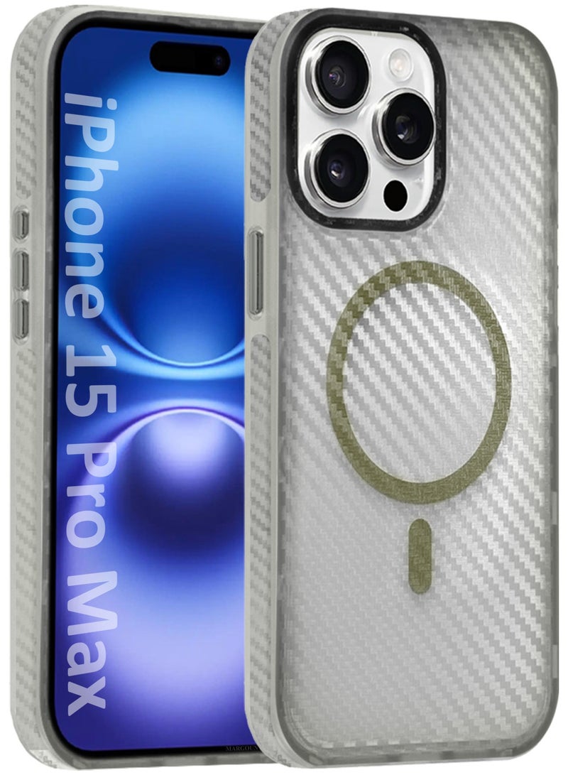 MARGOUN (for iPhone 15 Pro Max) Magsafe Case Cover Carbon Fiber Magnetic Strong Shockproof Protective Slim Thin Cover Transparent Matte - White  - Image 1