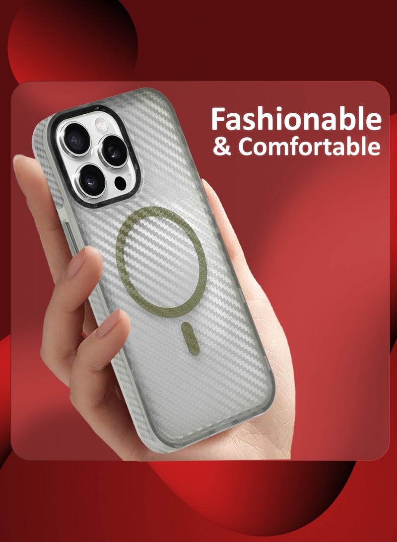 MARGOUN (for iPhone 15 Pro Max) Magsafe Case Cover Carbon Fiber Magnetic Strong Shockproof Protective Slim Thin Cover Transparent Matte - White  - Image 4