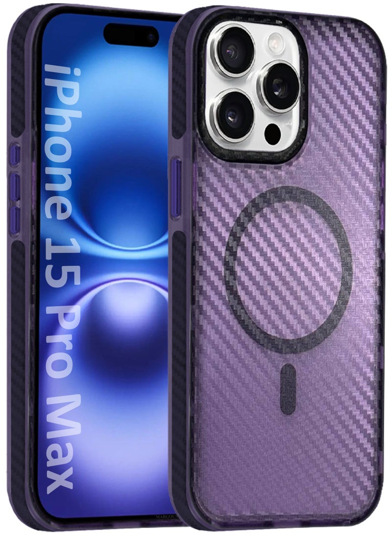 MARGOUN (for iPhone 15 Pro Max) Magsafe Case Cover Carbon Fiber Magnetic Strong Shockproof Protective Slim Thin Cover Transparent Matte - Purple  - Image 1