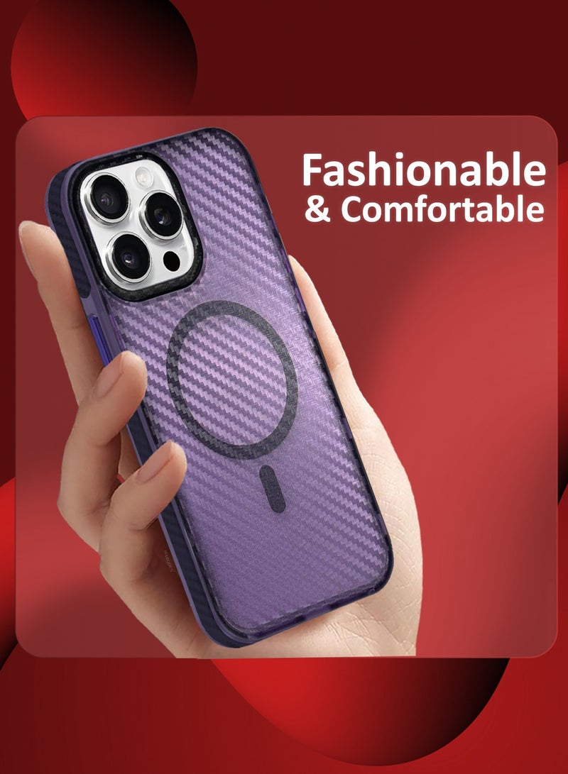 MARGOUN (for iPhone 15 Pro Max) Magsafe Case Cover Carbon Fiber Magnetic Strong Shockproof Protective Slim Thin Cover Transparent Matte - Purple  - Image 4