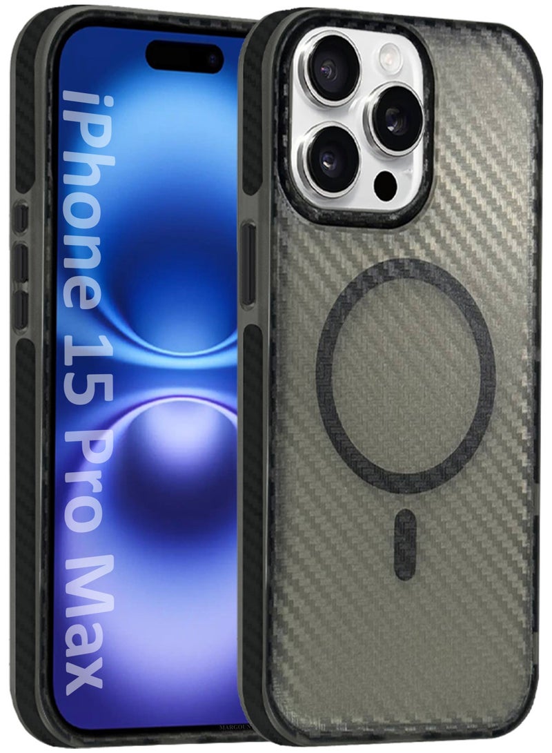 MARGOUN (for iPhone 15 Pro Max) Magsafe Case Cover Carbon Fiber Magnetic Strong Shockproof Protective Slim Thin Cover Transparent Matte Grey - Image 1