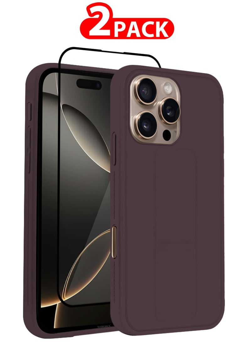 MARGOUN (for Apple iPhone 16 Pro) 2Packs, Case Cover PU Leather Back Cover with Stand Function and Finger Grip, Shockproof Screen Protector Merlot-2 - Image 1