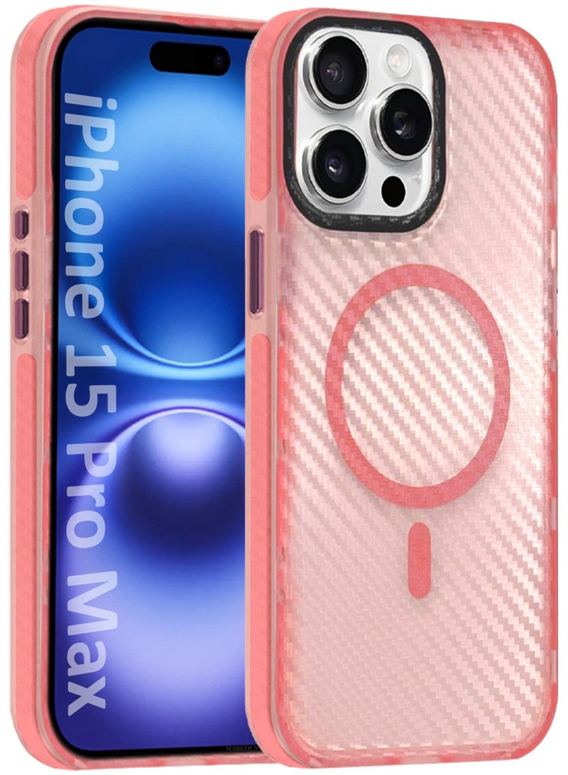 MARGOUN (for iPhone 15 Pro Max) Magsafe Case Cover Carbon Fiber Magnetic Strong Shockproof Protective Slim Thin Cover Transparent Matte - Pink - Image 1