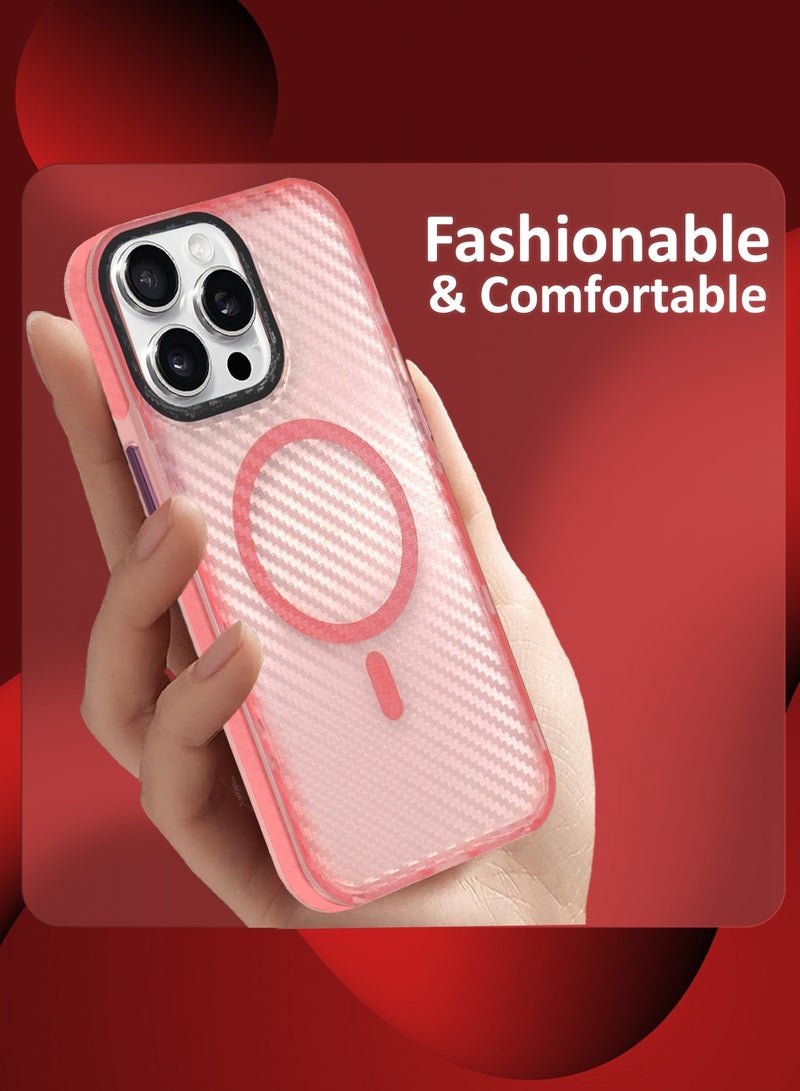 MARGOUN (for iPhone 15 Pro Max) Magsafe Case Cover Carbon Fiber Magnetic Strong Shockproof Protective Slim Thin Cover Transparent Matte - Pink - Image 3