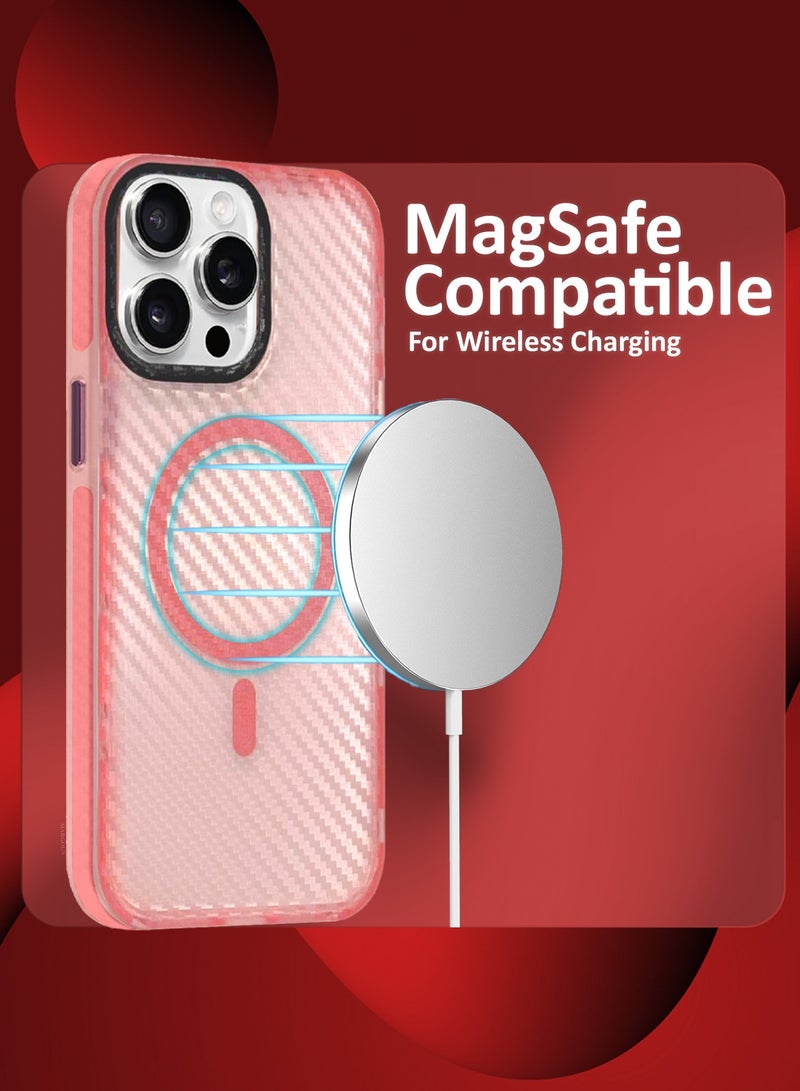 MARGOUN (for iPhone 15 Pro Max) Magsafe Case Cover Carbon Fiber Magnetic Strong Shockproof Protective Slim Thin Cover Transparent Matte - Pink - Image 4