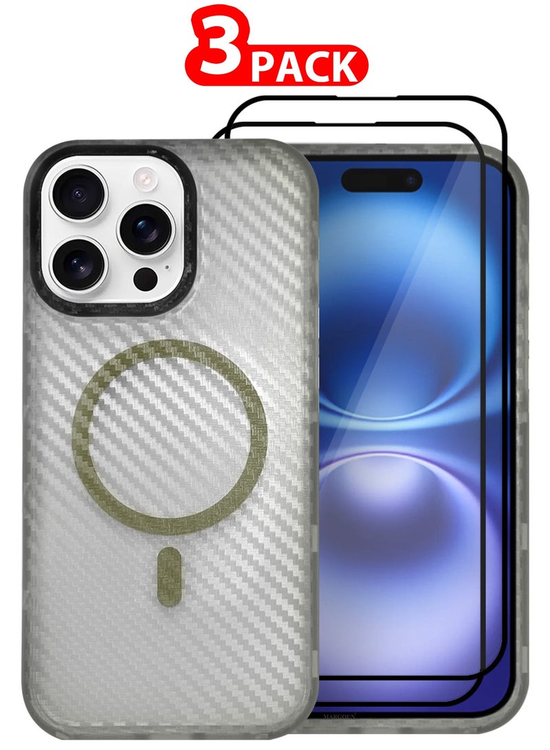 MARGOUN (for iPhone 15 Pro Max) 3Packs Magsafe Case Cover Carbon Fiber Magnetic Strong Shockproof Protective Slim Thin Cover Transparent Matte - White-2  - Image 1