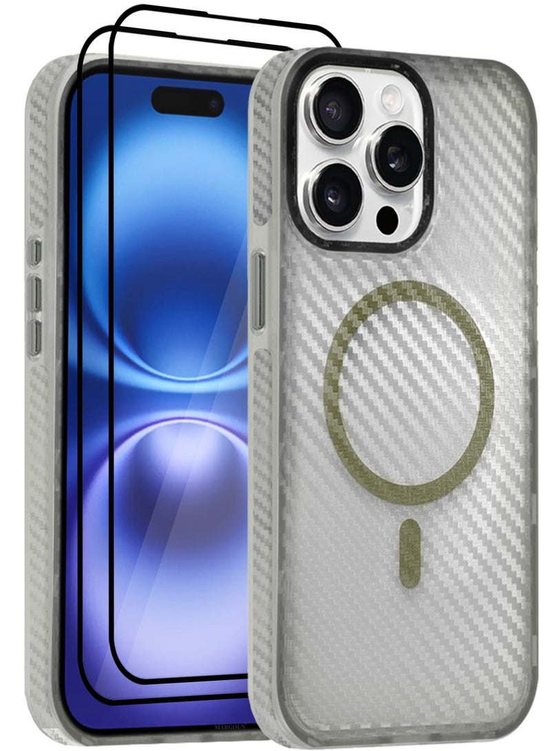 MARGOUN (for iPhone 15 Pro Max) 3Packs Magsafe Case Cover Carbon Fiber Magnetic Strong Shockproof Protective Slim Thin Cover Transparent Matte - White-2  - Image 5