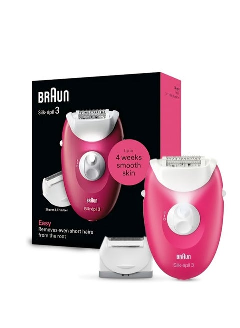 Silk-epil 3 SkinSpa 3-032 Epilator, Shaver head, Cleaning Brush,  Smart Light, Corded Red & White