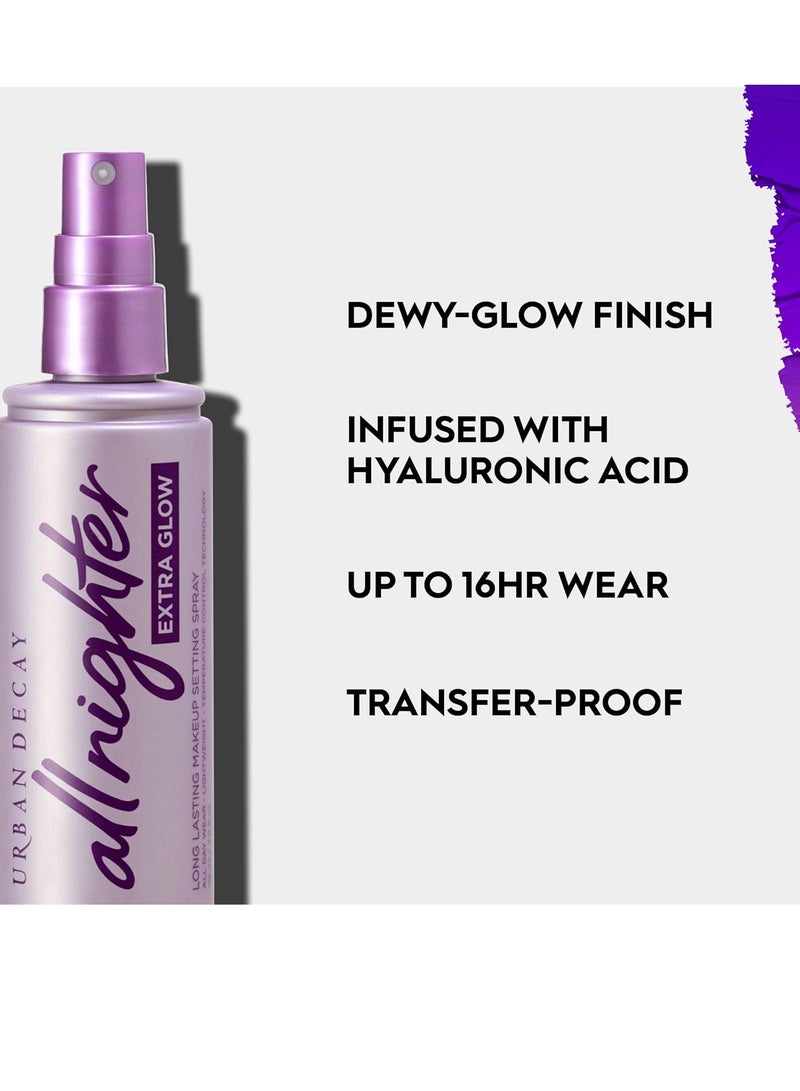 Urban Decay All Nighter Extra Glow Dewy Makeup Setting Spray for Face, Hyaluronic Acid & Agave Extract, Long-lasting 16 HR Wear, Radiant Finish, Temperature Control, Oil-free, Vegan - 4 fl oz Clear  - Image 3