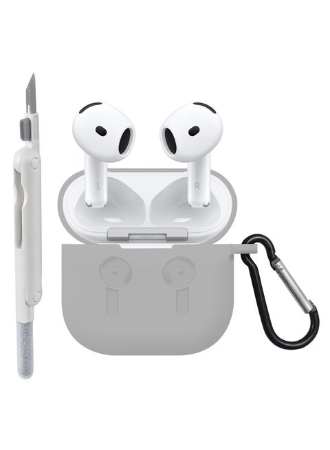 ( for Apple Airpods 4 2024 ) Case with Cleaner Kit Shockproof Protective Soft Silicone Case Cover with Carabiner Keychain - Grey Case White Cleaner Grey