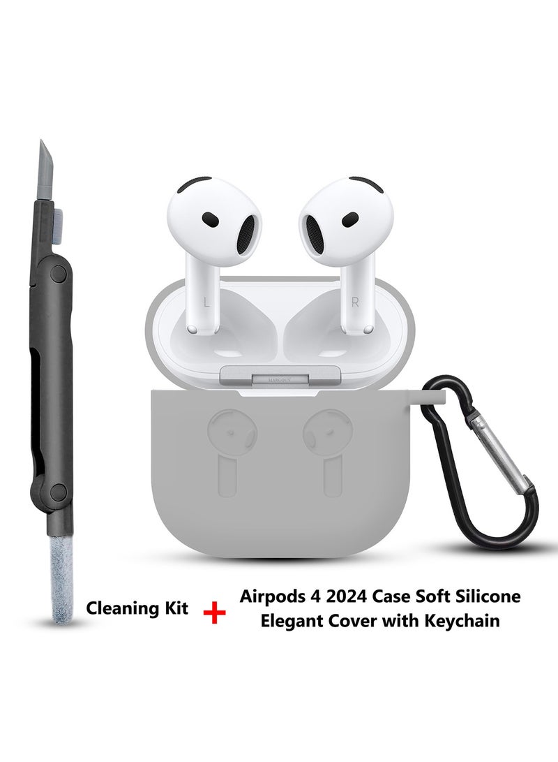 ( for Apple Airpods 4 2024 ) Case with Cleaner Kit Shockproof Protective Soft Silicone Case Cover with Carabiner Keychain - Grey-1
