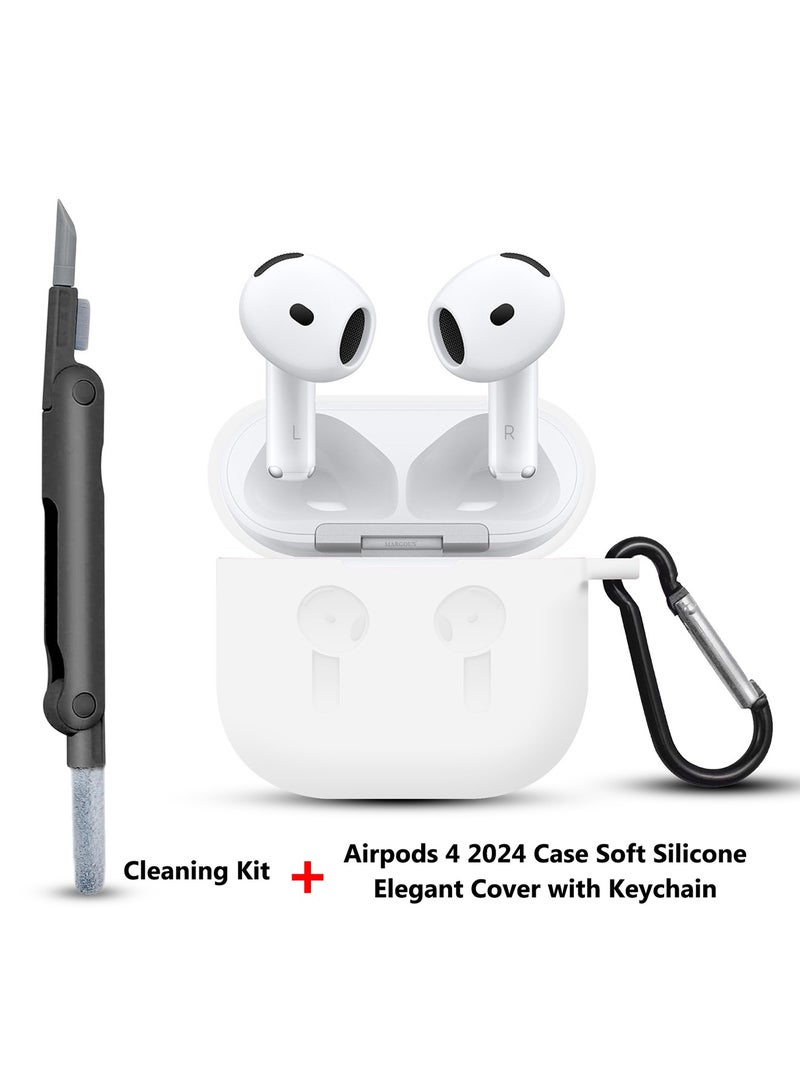 MARGOUN ( for Apple Airpods 4 2024 ) Case with Cleaner Kit Shockproof Protective Soft Silicone Case Cover with Carabiner Keychain - White-1  - Image 2