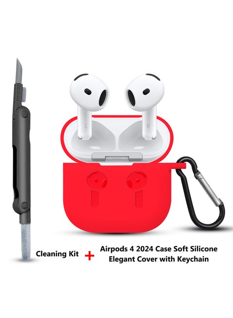( for Apple Airpods 4 2024 ) Case with Cleaner Kit Shockproof Protective Soft Silicone Case Cover with Carabiner Keychain - Red-1