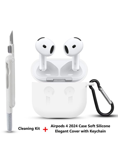 ( for Apple Airpods 4 2024 ) Case with Cleaner Kit Shockproof Protective Soft Silicone Case Cover with Carabiner Keychain - White