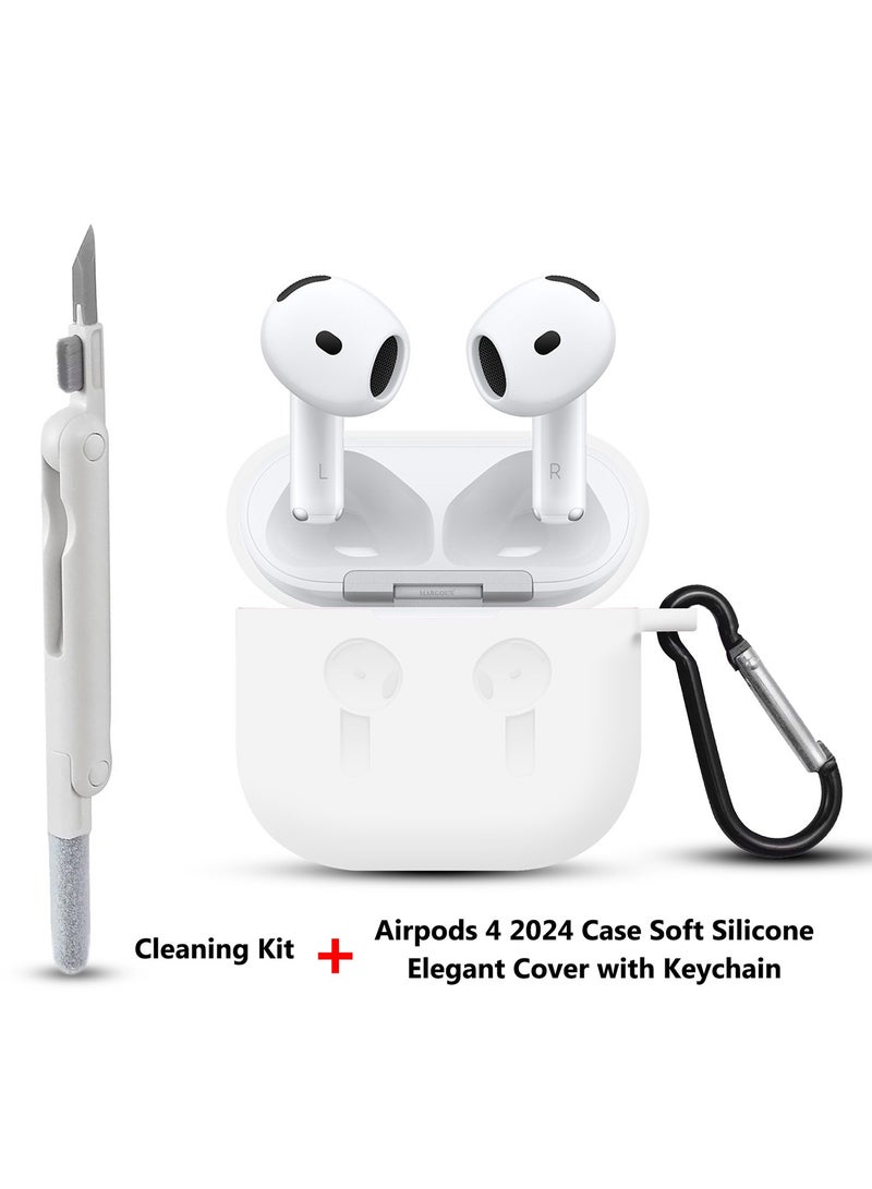 MARGOUN - ( for Apple Airpods 4 2024 ) Case with Cleaner Kit Shockproof Protective Soft Silicone Case Cover with Carabiner Keychain - White - Image 1