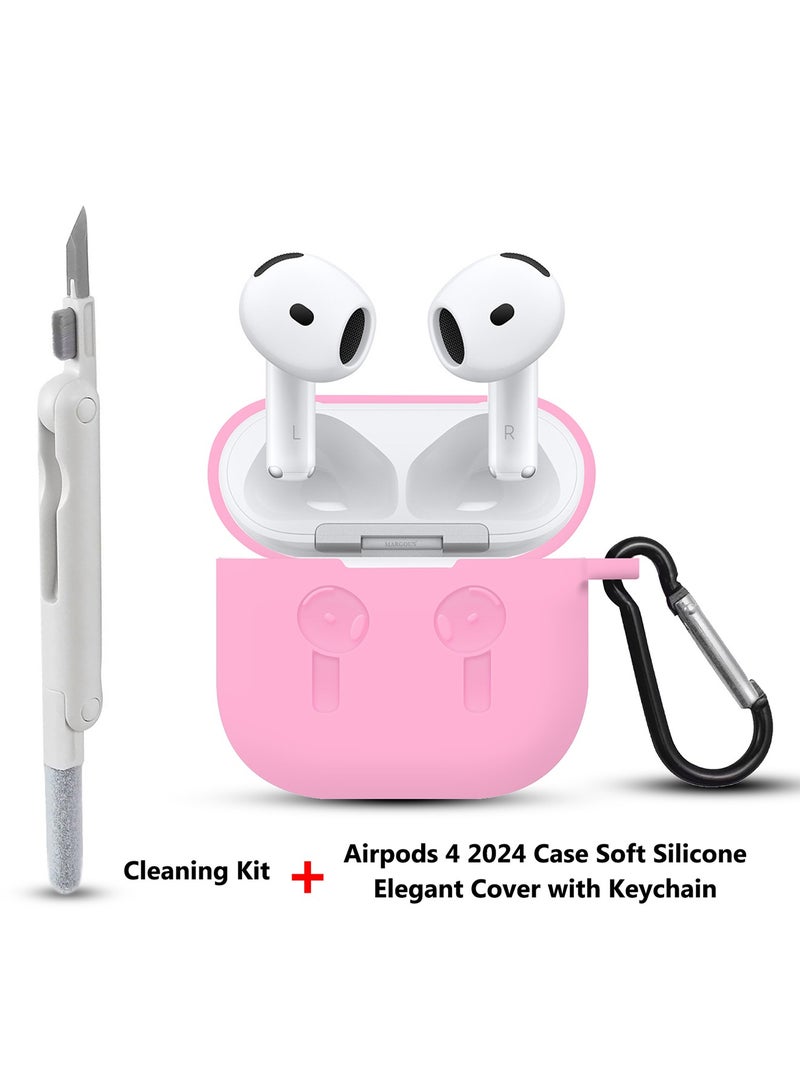 MARGOUN - ( for Apple Airpods 4 2024 ) Case with Cleaner Kit Shockproof Protective Soft Silicone Case Cover with Carabiner Keychain - Pink - Image 1