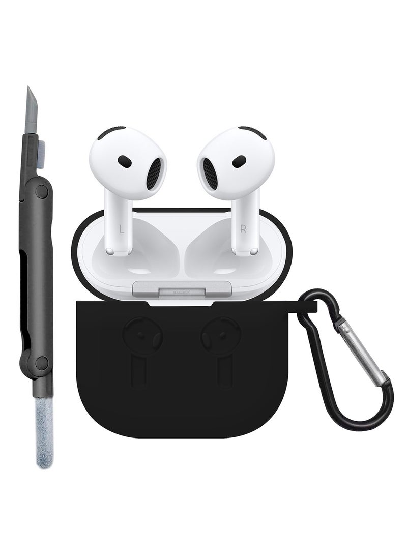 MARGOUN - ( for Apple Airpods 4 2024 ) Case with Cleaner Kit Shockproof Protective Soft Silicone Case Cover with Carabiner Keychain - Black-1 - Image 1