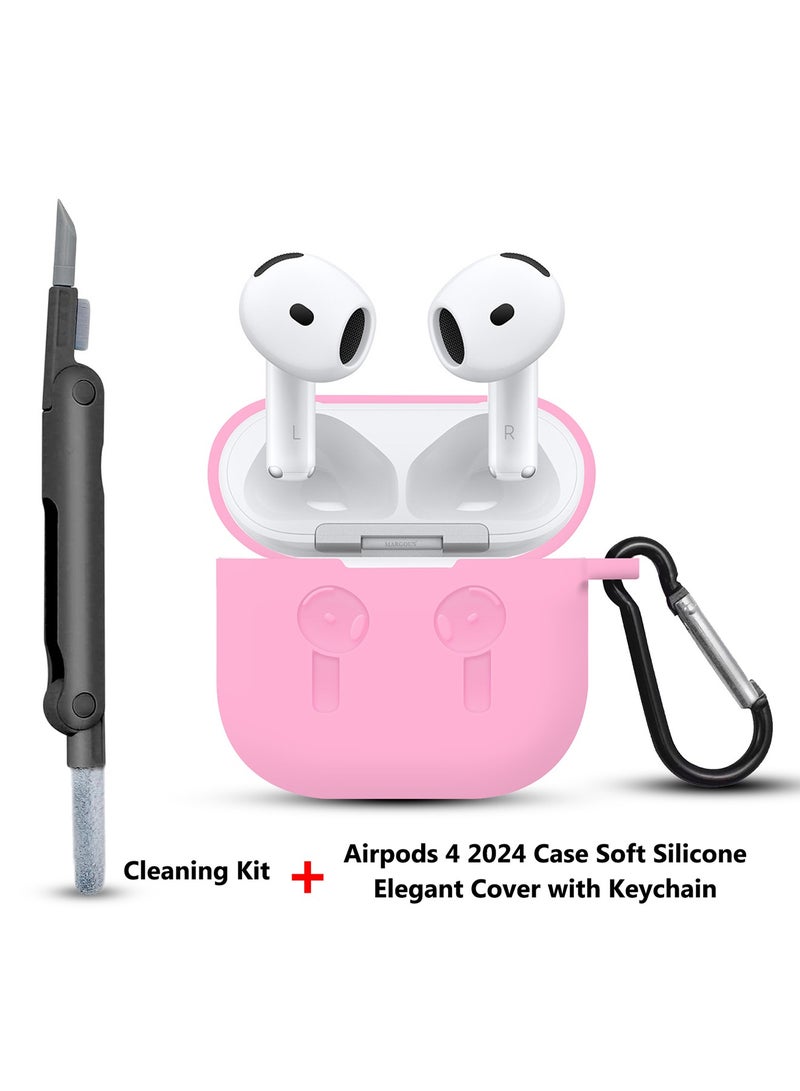 MARGOUN - ( for Apple Airpods 4 2024 ) Case with Cleaner Kit Shockproof Protective Soft Silicone Case Cover with Carabiner Keychain - Pink-1 - Image 1