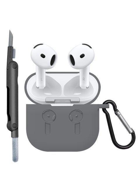 ( for Apple Airpods 4 2024 ) Case with Cleaner Kit Shockproof Protective Soft Silicone Case Cover with Carabiner Keychain - Dark Grey-1