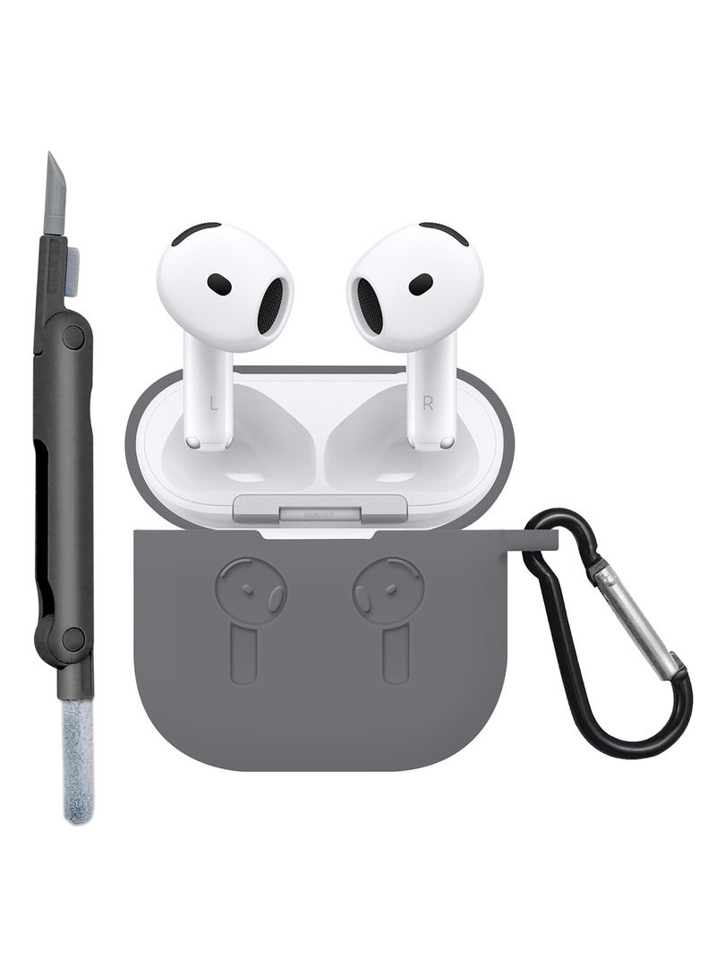 ( for Apple Airpods 4 2024 ) Case with Cleaner Kit Shockproof Protective Soft Silicone Case Cover with Carabiner Keychain - Dark Grey-1