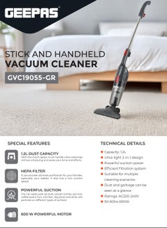 جيباس Stick And Handheld Vacuum Cleaner, HEPA Filter, 1.2L Dust Bag Capacity, 600W Powerful Motor, Transparent Dust Cup for Easy Check, Lightweight Body And Low Noise 1.2 L 600 W GVC19055-GR Grey  - Image 2