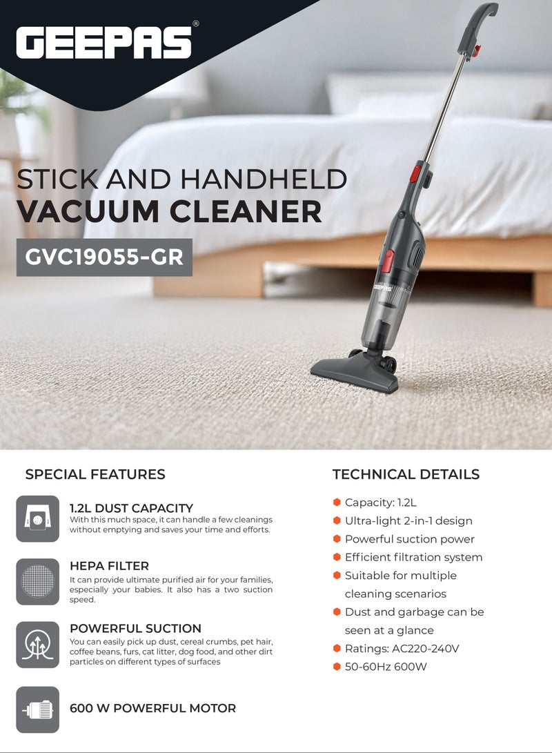 GEEPAS Stick And Handheld Vacuum Cleaner, HEPA Filter, 1.2L Dust Bag Capacity, 600W Powerful Motor, Transparent Dust Cup for Easy Check, Lightweight Body And Low Noise 1.2 L 600 W GVC19055-GR Grey  - Image 2