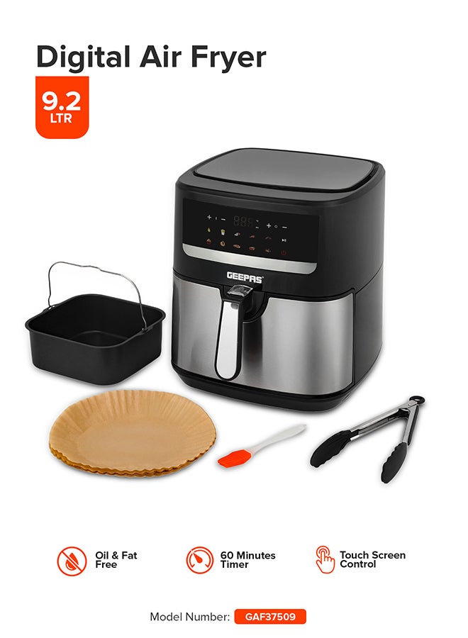 GEEPAS - 9.2 L Digital Air Fryer With Cake Tray, Brush, Tong & Baking Paper| 1800 W Vortex Technology, LED Display, 10 Preset Programs, Interior Lamp| For Fries, Steak, Chicken, Cake, Meat, Bread, etc | 2 Years Warranty 9.2 L 1800 W GAF37509 Black/Silver - Image 1