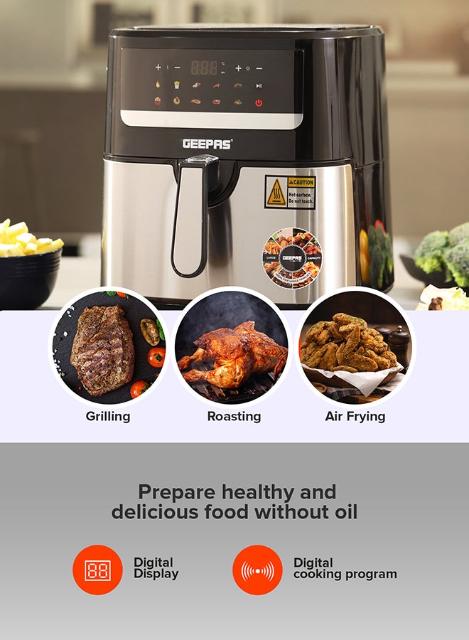 GEEPAS - 9.2 L Digital Air Fryer With Cake Tray, Brush, Tong & Baking Paper| 1800 W Vortex Technology, LED Display, 10 Preset Programs, Interior Lamp| For Fries, Steak, Chicken, Cake, Meat, Bread, etc | 2 Years Warranty 9.2 L 1800 W GAF37509 Black/Silver - Image 1