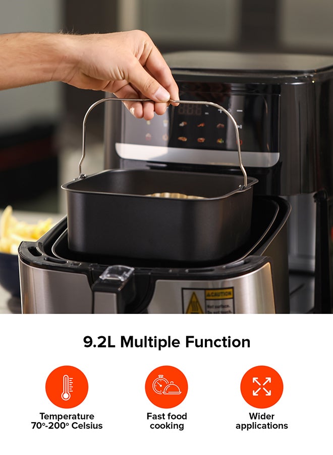 GEEPAS - 9.2 L Digital Air Fryer With Cake Tray, Brush, Tong & Baking Paper| 1800 W Vortex Technology, LED Display, 10 Preset Programs, Interior Lamp| For Fries, Steak, Chicken, Cake, Meat, Bread, etc | 2 Years Warranty 9.2 L 1800 W GAF37509 Black/Silver - Image 1