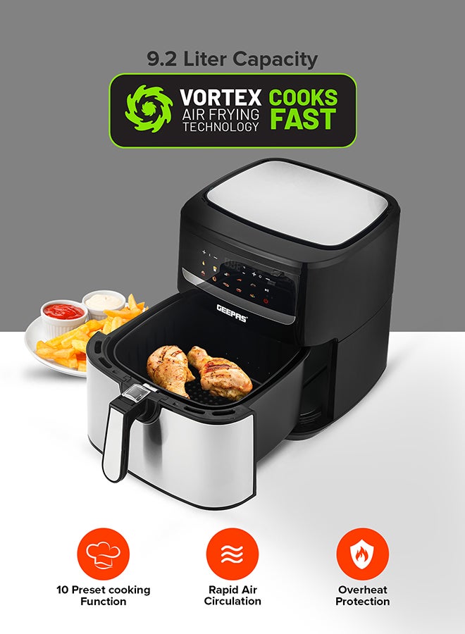 GEEPAS - 9.2 L Digital Air Fryer With Cake Tray, Brush, Tong & Baking Paper| 1800 W Vortex Technology, LED Display, 10 Preset Programs, Interior Lamp| For Fries, Steak, Chicken, Cake, Meat, Bread, etc | 2 Years Warranty 9.2 L 1800 W GAF37509 Black/Silver - Image 1