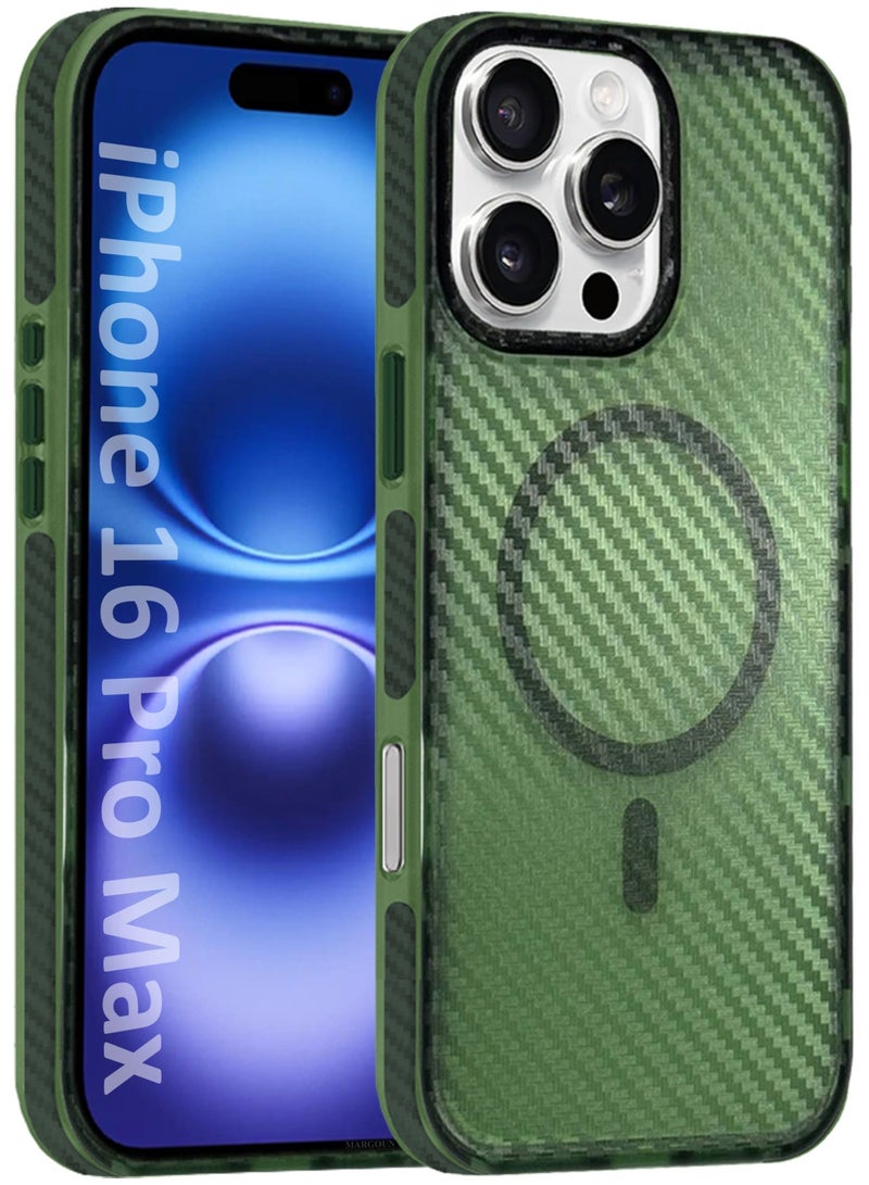 MARGOUN (for iPhone 16 Pro Max) Magsafe Case Cover Carbon Fiber Magnetic Strong Shockproof Protective Slim Thin Cover Transparent Matte - Green - Image 1
