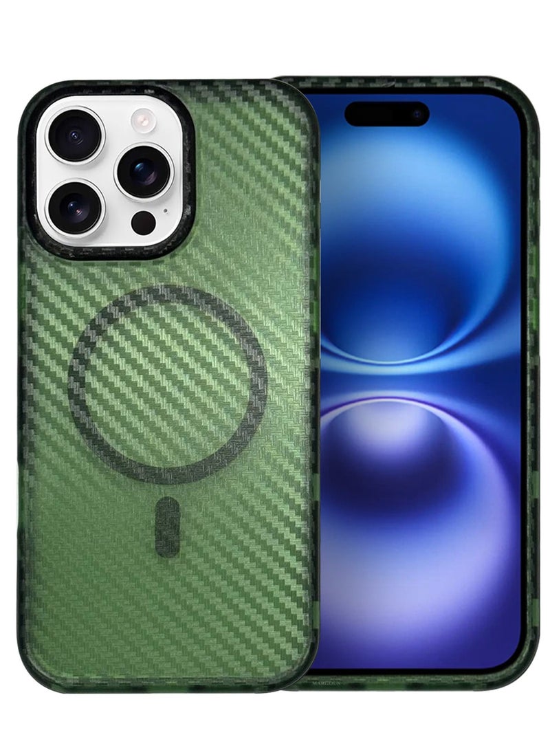 MARGOUN (for iPhone 16 Pro Max) Magsafe Case Cover Carbon Fiber Magnetic Strong Shockproof Protective Slim Thin Cover Transparent Matte - Green - Image 2